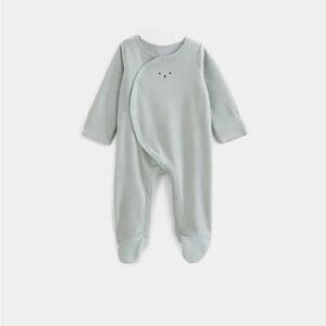 French Baby Footed Velvet One Piece Onesie - Light Sage / Blue 3 months